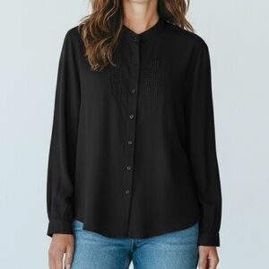 👛(ANY 2/$25) Oversized Med MWG APPAREL Black Long Sleeved Blouse Geometric Motif
